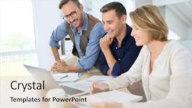  Presentation with financial budget - Cool new slides with department people working on budget backdrop and a soft green colored foreground