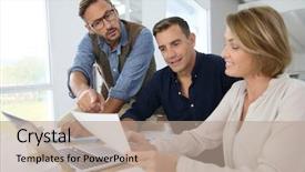  Presentation with financial budget - Presentation design consisting of department people working on budget background and a coral colored foreground