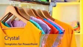  Presentation with knitted shirts - Amazing presentation theme having department store - variety of casual t-shirts backdrop and a gold colored foreground