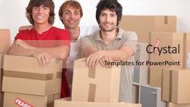  Presentation with moving - Slides with department uni - young men on moving day background and a coral colored foreground
