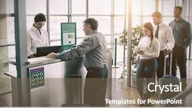  Presentation with queue - Audience pleasing PPT theme consisting of departure - people waiting in queue backdrop and a violet colored foreground