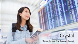  Presentation with airport - Presentation consisting of departure - woman checking on display screen background and a light blue colored foreground