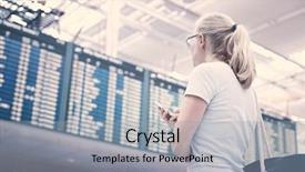  Presentation with airport timetable - Colorful PPT theme enhanced with departure board - young blonde woman with phone backdrop and a light gray colored foreground