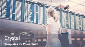  Presentation with airport timetable - Slides enhanced with departure board - young blonde woman with shoulder background and a gray colored foreground