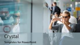  Presentation with departure board - Beautiful presentation theme featuring departures - casual blond young woman using backdrop and a light blue colored foreground