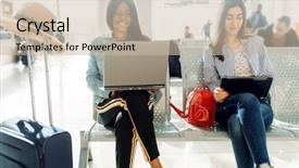  Presentation with departure - Presentation theme featuring departures - female travelers waiting for departure background and a soft green colored foreground