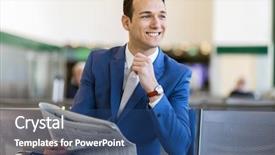  Presentation with departure - Slide deck featuring departures - professional handsome businessman reading background and a ocean colored foreground