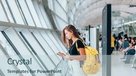  Presentation with airport terminal - Colorful PPT theme enhanced with departures - teen girl using smarthphone while backdrop and a lemonade colored foreground