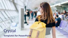  Presentation with teenager alone - Presentation theme with departures - teen girl waiting for international background and a sky blue colored foreground