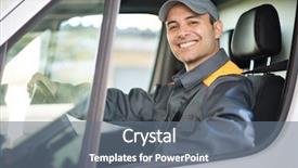  Presentation with driving - Slides having deposit - smiling deliverer driving van background and a gray colored foreground