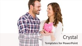  Presentation with young happy couple - Theme enhanced with deposit relationship - happy young couple holding piggy background and a sky blue colored foreground