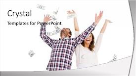  Presentation with young happy couple - PPT layouts consisting of deposit relationship - happy young couple throwing currency background and a white colored foreground