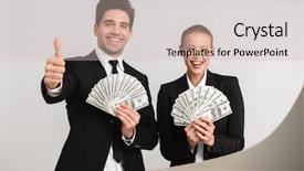  Presentation with successful - Audience pleasing presentation theme consisting of deposit relationship - successful business couple wearing suits backdrop and a soft green colored foreground