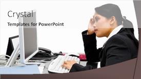  Presentation with secretary - PPT layouts featuring depressed and bored secretary in her office holding his hand while looking at the screen background and a white colored foreground