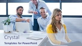  Presentation with depressed - Colorful PPT layouts enhanced with depressed businesswoman sitting while colleagues laughing on her in creative office backdrop and a sky blue colored foreground