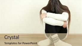  Presentation with woman sad - Slide deck consisting of depressed girl - sad woman sitting on floor background and a soft green colored foreground