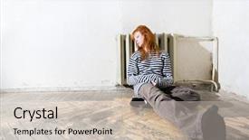  Presentation with unhappy - Beautiful presentation theme featuring depressed girl - unhappy woman sitting on floor backdrop and a soft green colored foreground