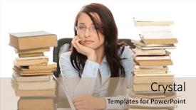  Presentation with books - Slides enhanced with depressed girl - young woman sitting behind books background and a coral colored foreground