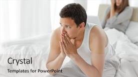  Presentation with boyfriend and girlfriend - PPT theme featuring split coupling - serious woman working on her background and a soft green colored foreground