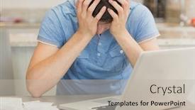  Presentation with social isolation - Theme enhanced with depressed man worried about finances at laptop in kitchen working from home in quarantine lockdown social distancing self isolation background and a light gray colored foreground