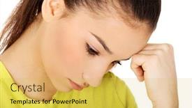 Presentation with teen - PPT theme consisting of depressed-teen-woman-touching-head background and a yellow colored foreground
