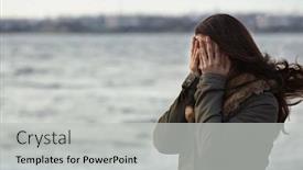  Presentation with depressed - Cool new PPT theme with depressed-young-woman-on-pier backdrop and a light gray colored foreground