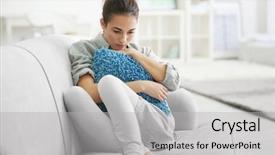  Presentation with depressed - Colorful presentation theme enhanced with depressed young woman on sofa backdrop and a light gray colored foreground