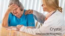  Presentation with female hypnotist - Presentation with depression medications - female doctor consoling distraught senior background and a soft green colored foreground