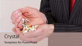  Presentation with elderly holding pills - Beautiful PPT theme featuring depression medications - man holding pills backdrop and a coral colored foreground