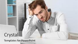  Presentation with medical laptop - Beautiful slides featuring depressive medical staff - tired handsome man working backdrop and a light gray colored foreground