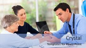  Presentation with skin biology - Audience pleasing presentation design consisting of dermatologist inspecting senior patient skin backdrop and a  colored foreground