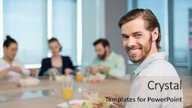  Presentation with executive - Slide set featuring descartes - portrait of smiling business executive background and a coral colored foreground