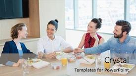  Presentation with office - Cool new slide deck with descartes - smiling business executives interacting while backdrop and a soft green colored foreground