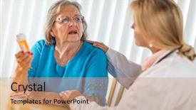  Presentation with describing people - Slide set consisting of describing people - female doctor talking with senior background and a coral colored foreground