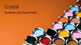  Presentation with painting walls paint roller - PPT theme having description - colorful paint cans set background and a gold colored foreground