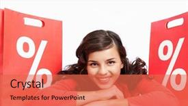  Presentation with camera - PPT theme consisting of descuentos - portrait of happy shopper lying background and a red colored foreground