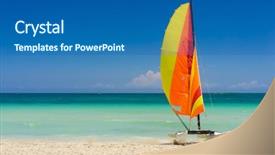  Presentation with beach sands - Colorful slide deck enhanced with desert island - colorful catamaran on the white backdrop and a ocean colored foreground