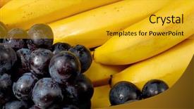 Presentation with green bananas hanging on banana - Amazing presentation design having desert nourishment - bananas and grapes close-up backdrop and a  colored foreground