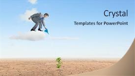 Presentation with businessman standing on mountain top - Audience pleasing PPT theme consisting of desert nourishment - young businessman standing on cloud backdrop and a light blue colored foreground
