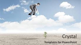  Presentation with businessman standing on mountain top - Colorful presentation theme enhanced with desert nourishment - young businessman standing on cloud backdrop and a soft green colored foreground