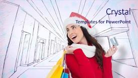  Presentation with paper bag vs plastic bags - Slide deck with desig - festive brunette holding shopping bags background and a sky blue colored foreground