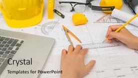  Presentation with hand tools - Slide set consisting of design architect - hand over construction plans background and a soft green colored foreground