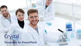  Presentation with laboratory - Audience pleasing slide set consisting of design biologia - promising young scientists backdrop and a sky blue colored foreground