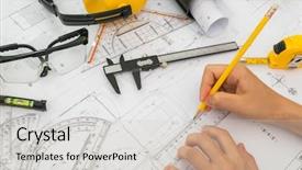  Presentation with hand tools - Cool new presentation with hand over construction plans with yellow helmet and drawing tools on blueprints backdrop and a light gray colored foreground