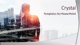  Presentation with builder - Slide set featuring design civil - builder man against cityscape background and a sky blue colored foreground