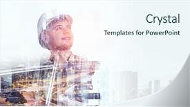  Presentation with builder - Amazing PPT layouts having design civil - builder man against cityscape backdrop and a sky blue colored foreground