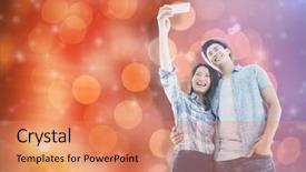  Presentation with young happy couple - Colorful slide deck enhanced with design fun theme - happy young couple taking selfie backdrop and a coral colored foreground