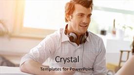  Presentation with interview - Beautiful theme featuring design interview - young man in office talking backdrop and a  colored foreground