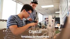  Presentation with science design - Cool new theme with design machinery - two male college students building backdrop and a coral colored foreground