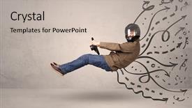  Presentation with vehicle - Beautiful PPT theme featuring design madu - funny man driving a flying backdrop and a soft green colored foreground